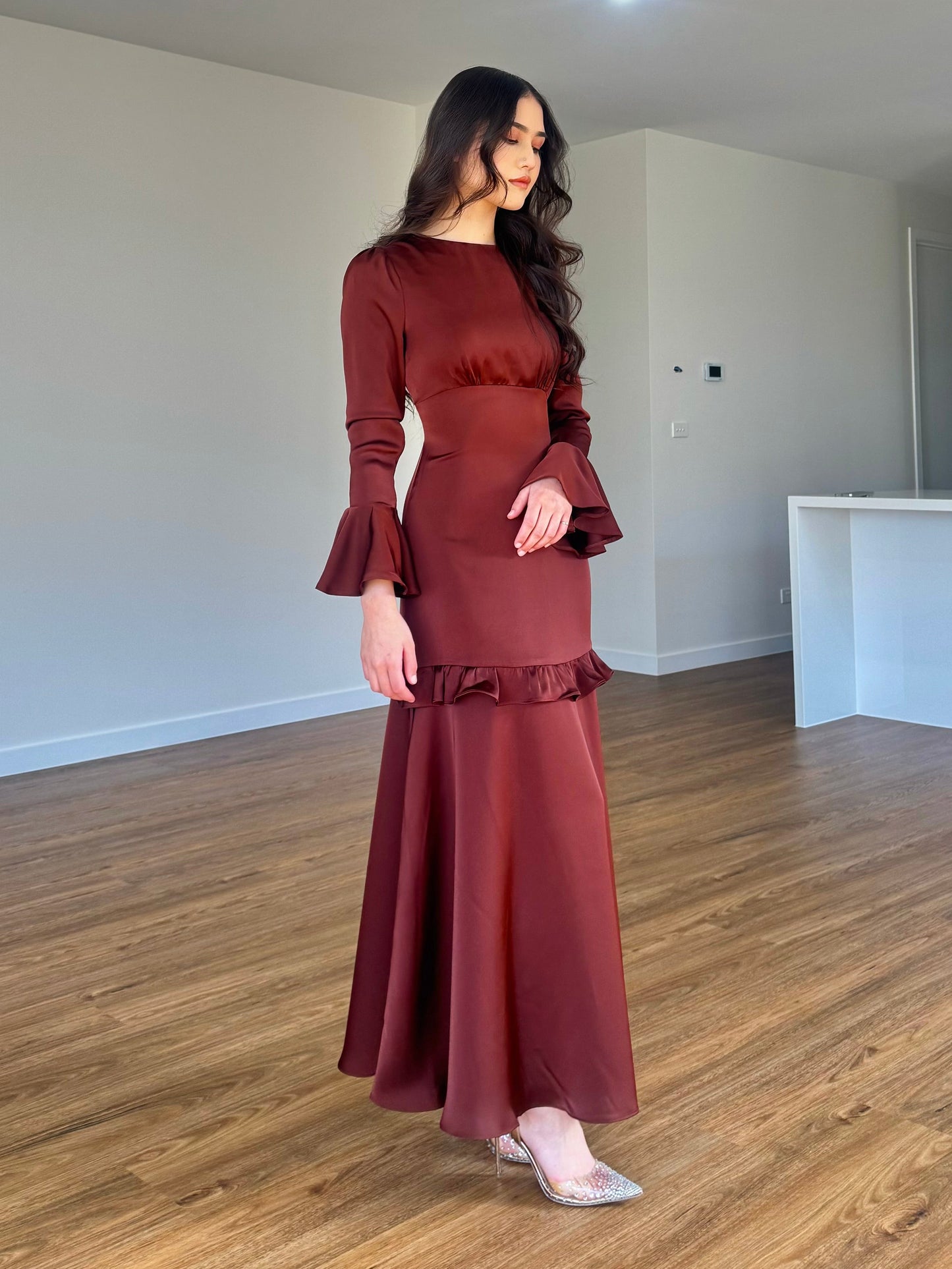 Ruffle Trim Satin Dress