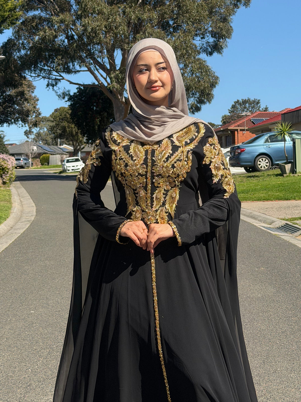 Black Gold Beaded Gown