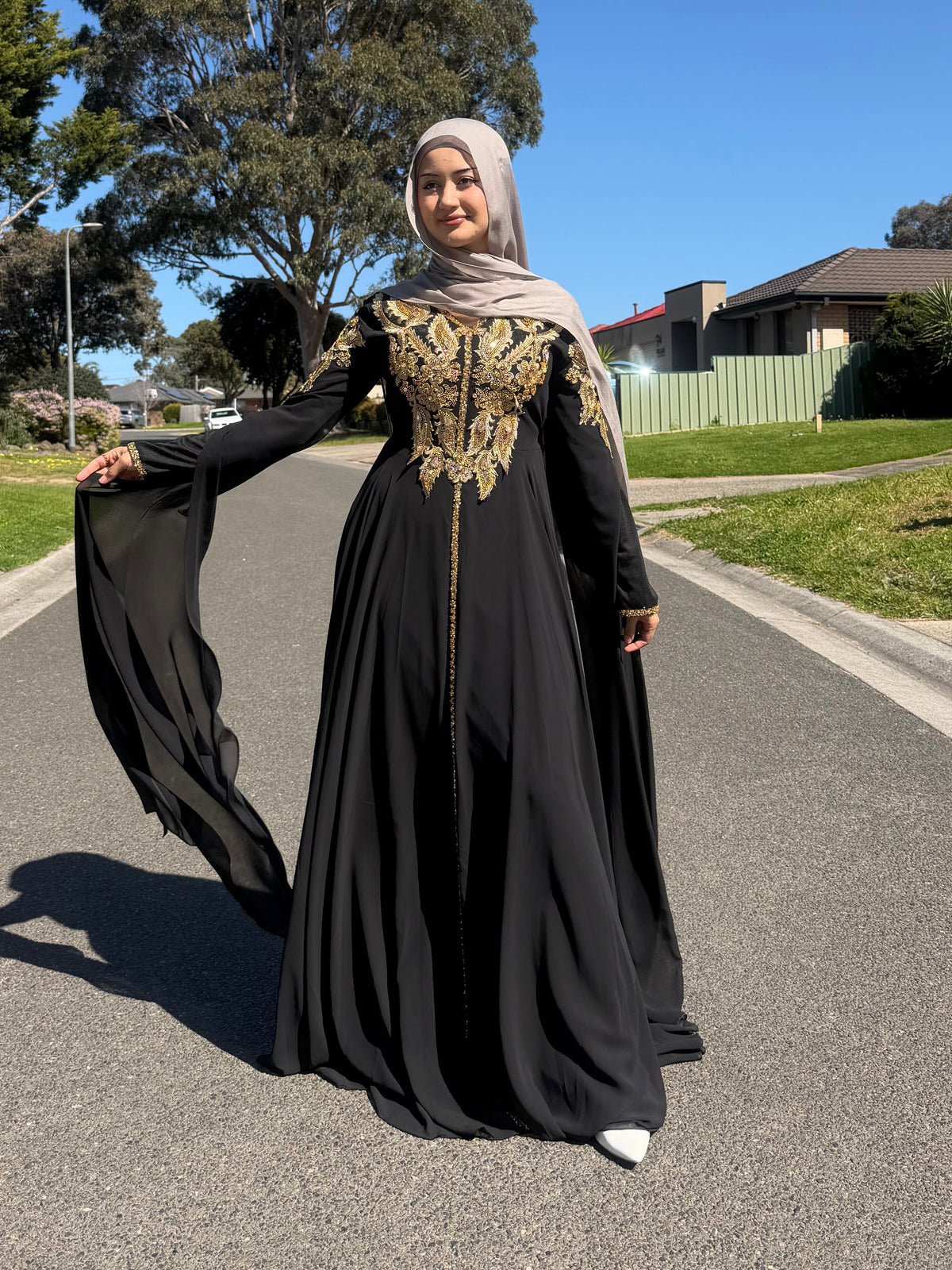 Black Gold Beaded Gown