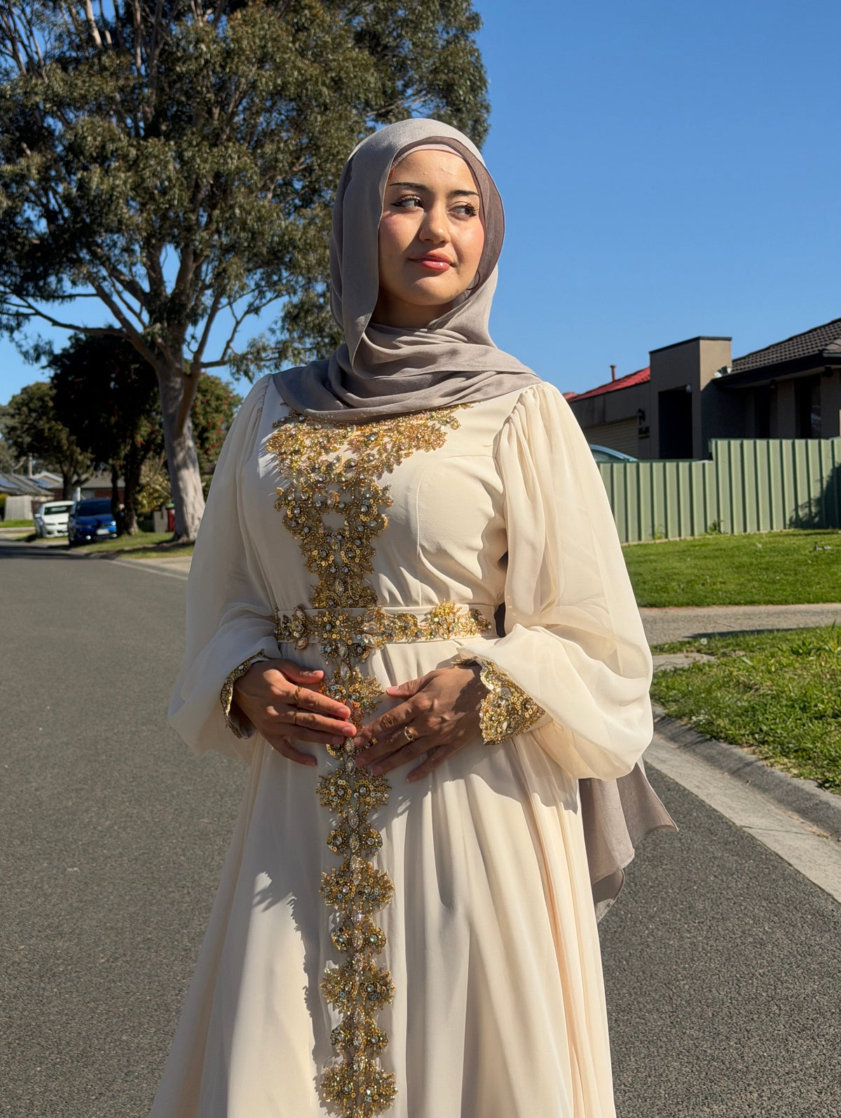 Beige Gold Embellished 
Gown