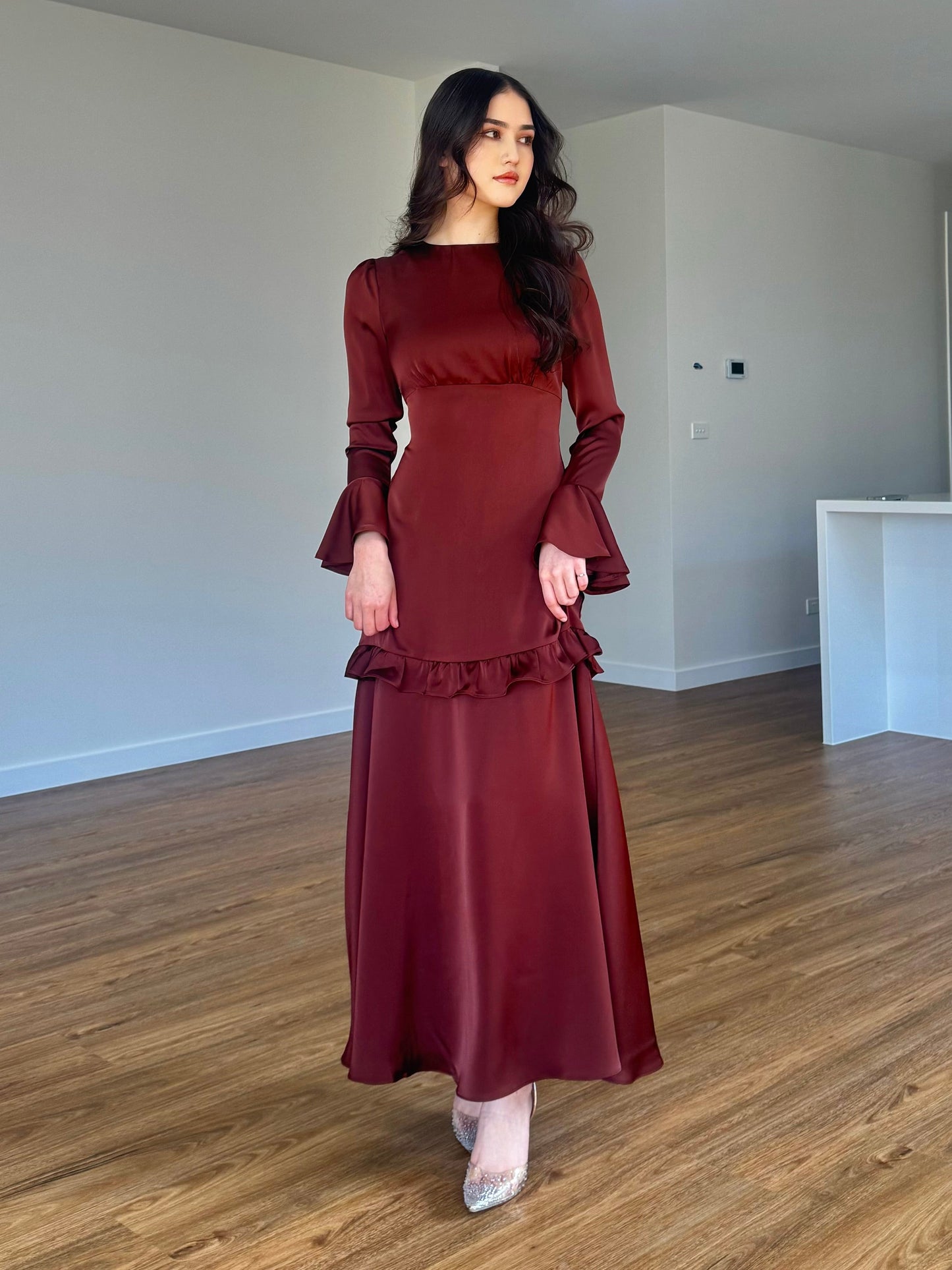 Ruffle Trim Satin Dress