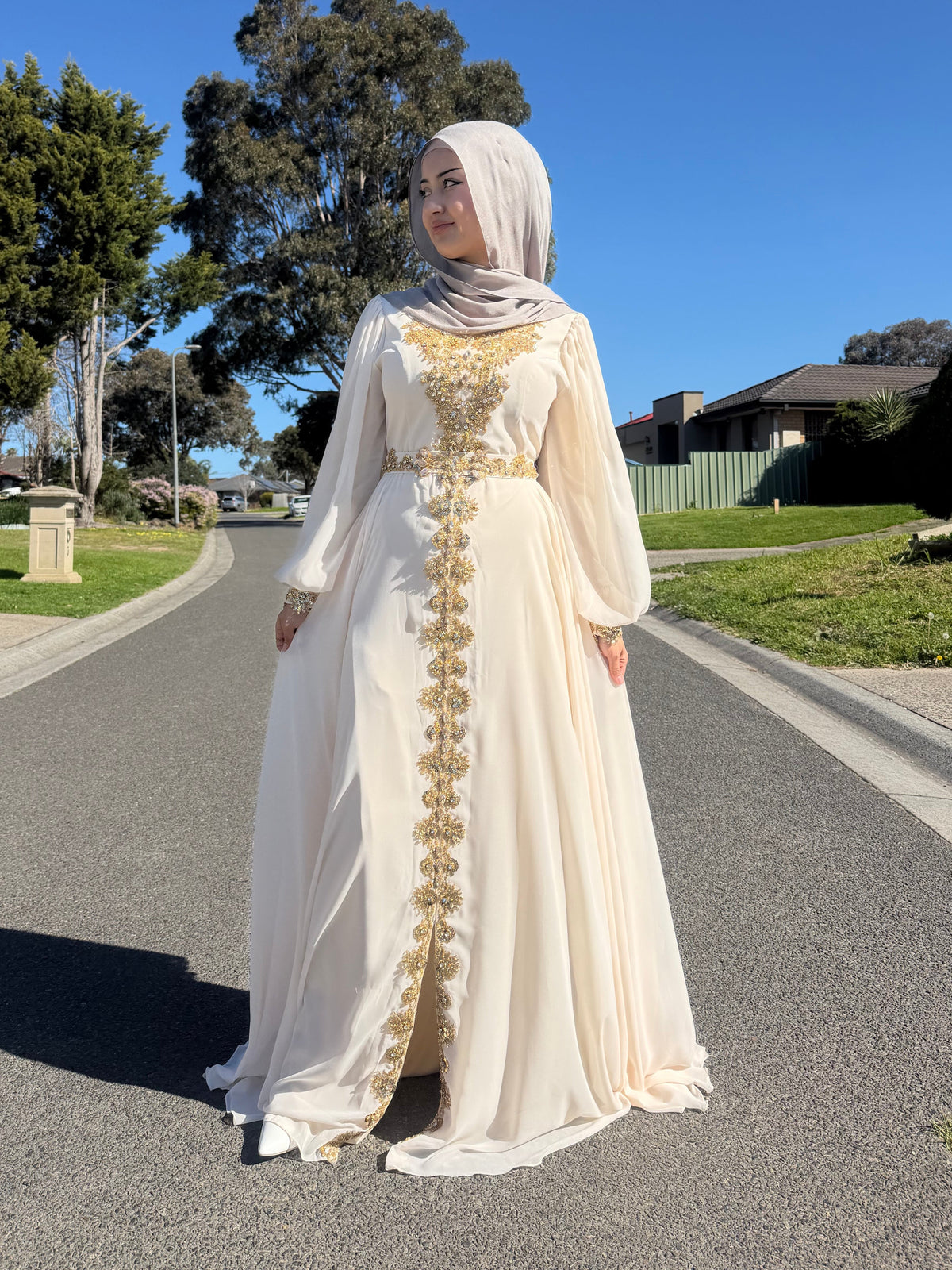 Beige Gold Embellished 
Gown