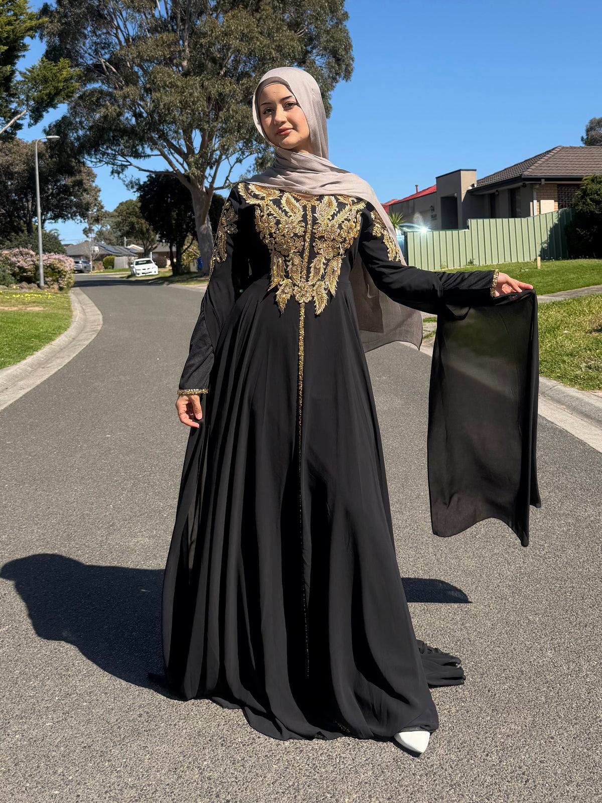 Black Gold Beaded Gown