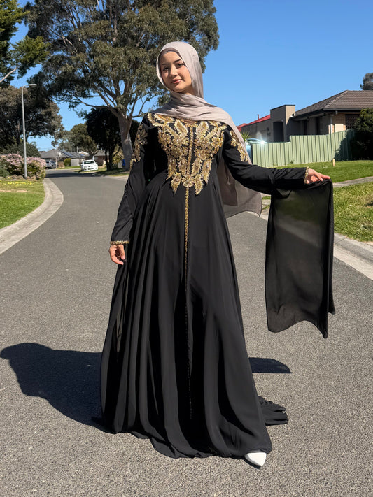 Black Gold Beaded Gown